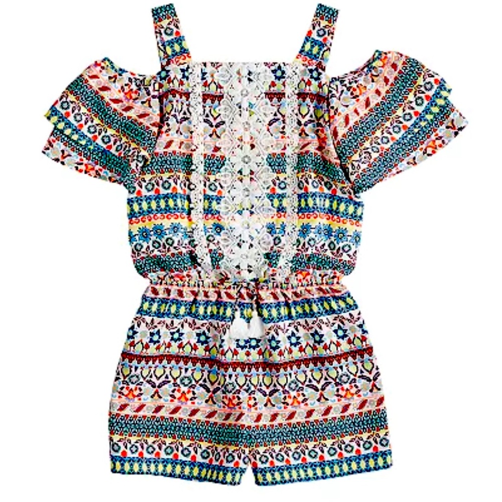MyMichelle-Girls crochet boho, printed ruffle, peek-a-boo shoulder, romper